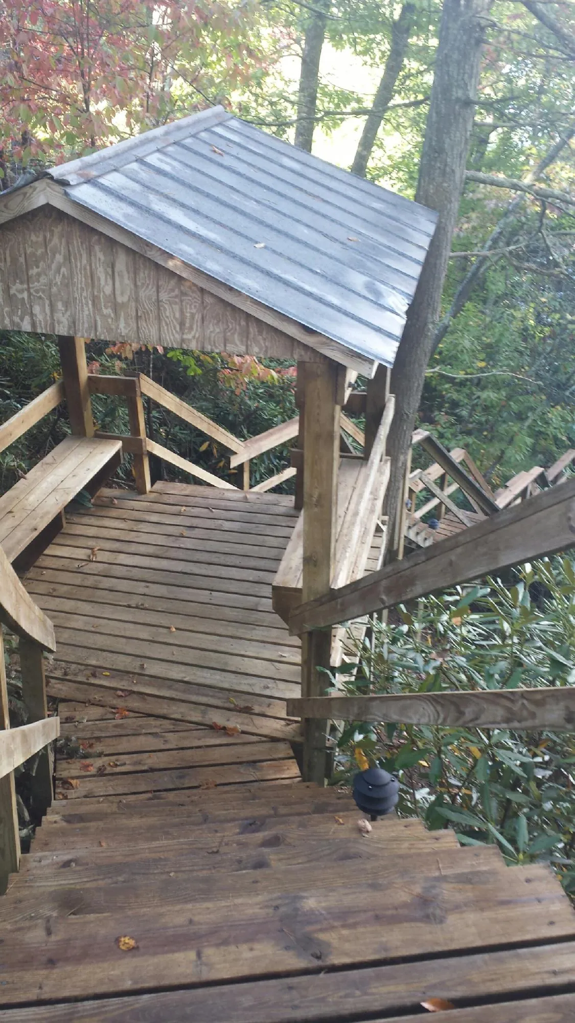 Metal roofed shelter over wooden steps on a wooded walkway — Skylight Repair & Installation work by our crew in Oakesdale